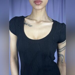 Tricot Joli Black Cable Knit Short Sleeve Sweater Dress Top Size S Y2K Coquette